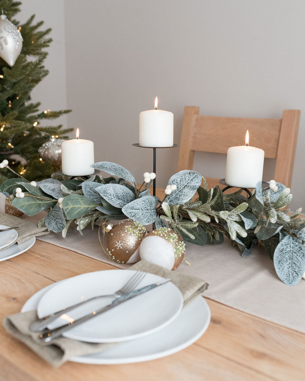 Frosted Eucalyptus and Mistletoe Three Candle Table Decoration