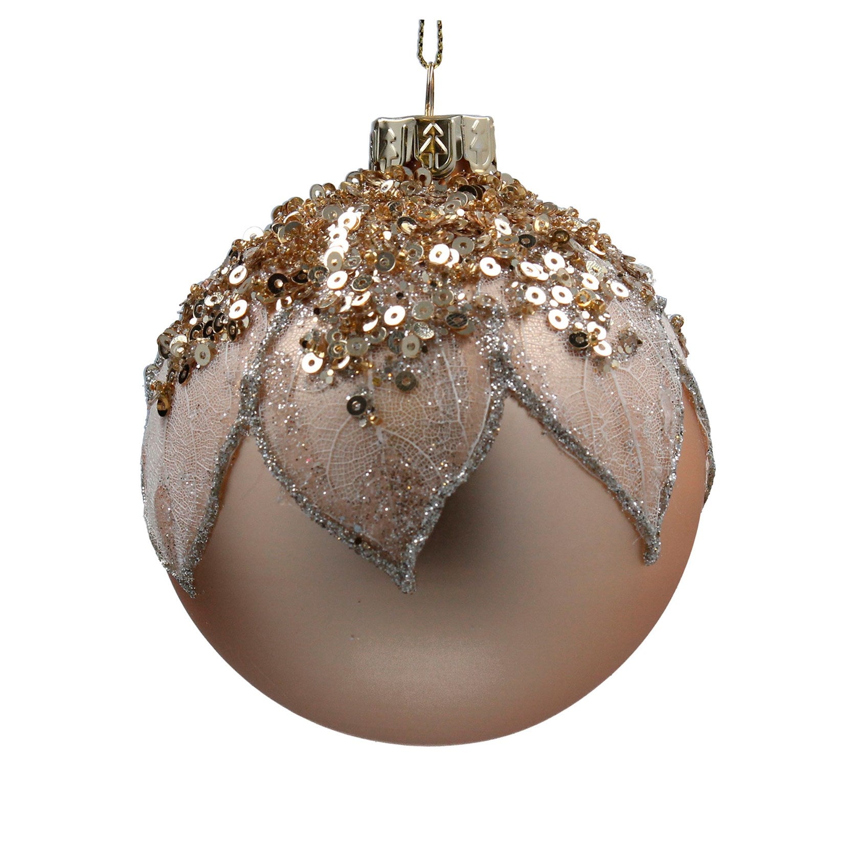 Gold Glass Bauble with Leaf And Sequin Top