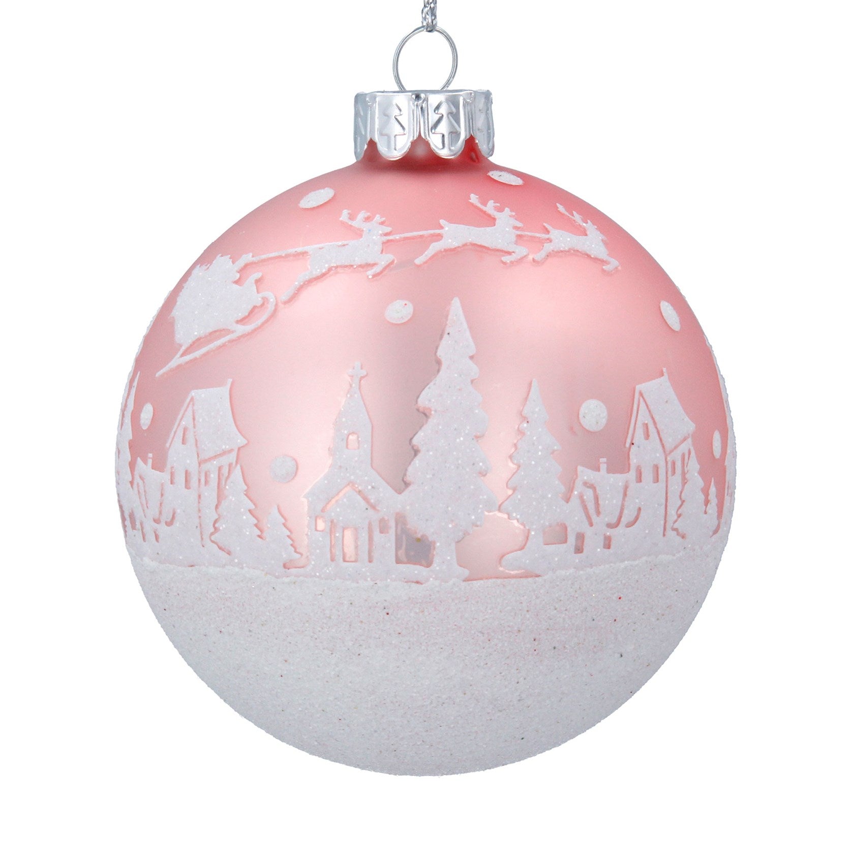 Pink & White Glass Snowscene Christmas Bauble