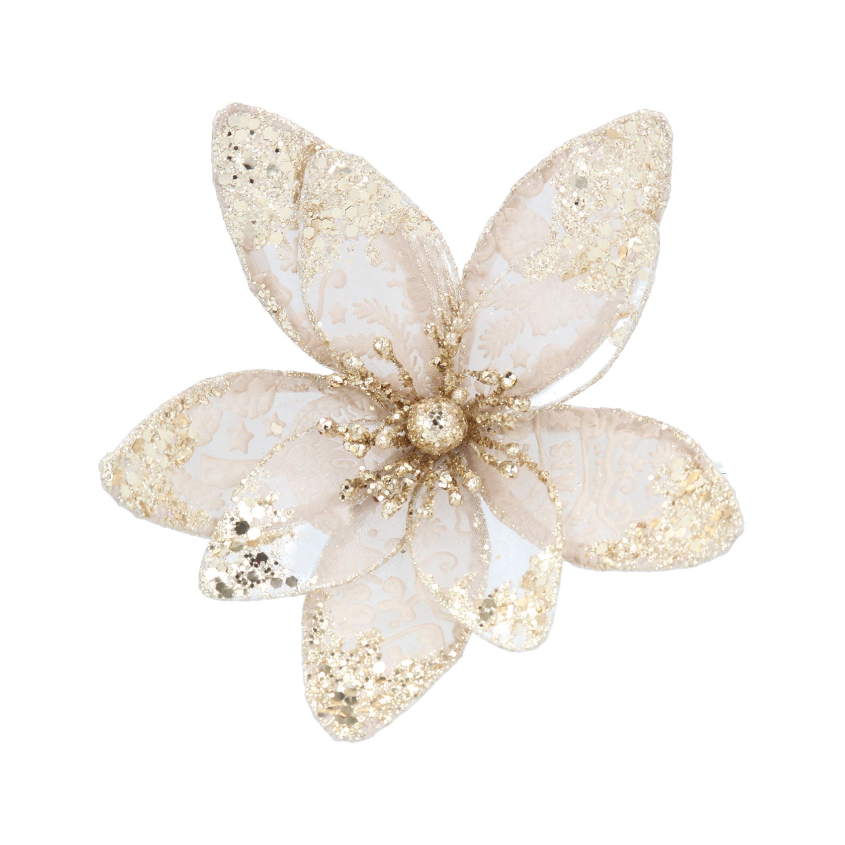 Clip on Magnolia Flower Decoration with Gold Glitter