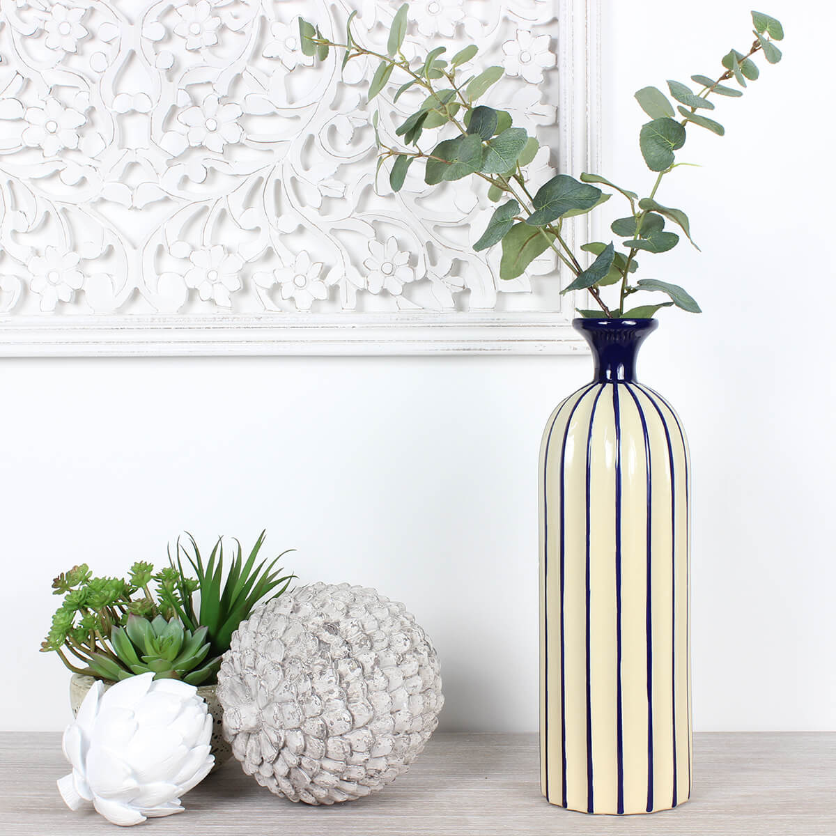 Large Blue and Cream Striped Bottle Vase