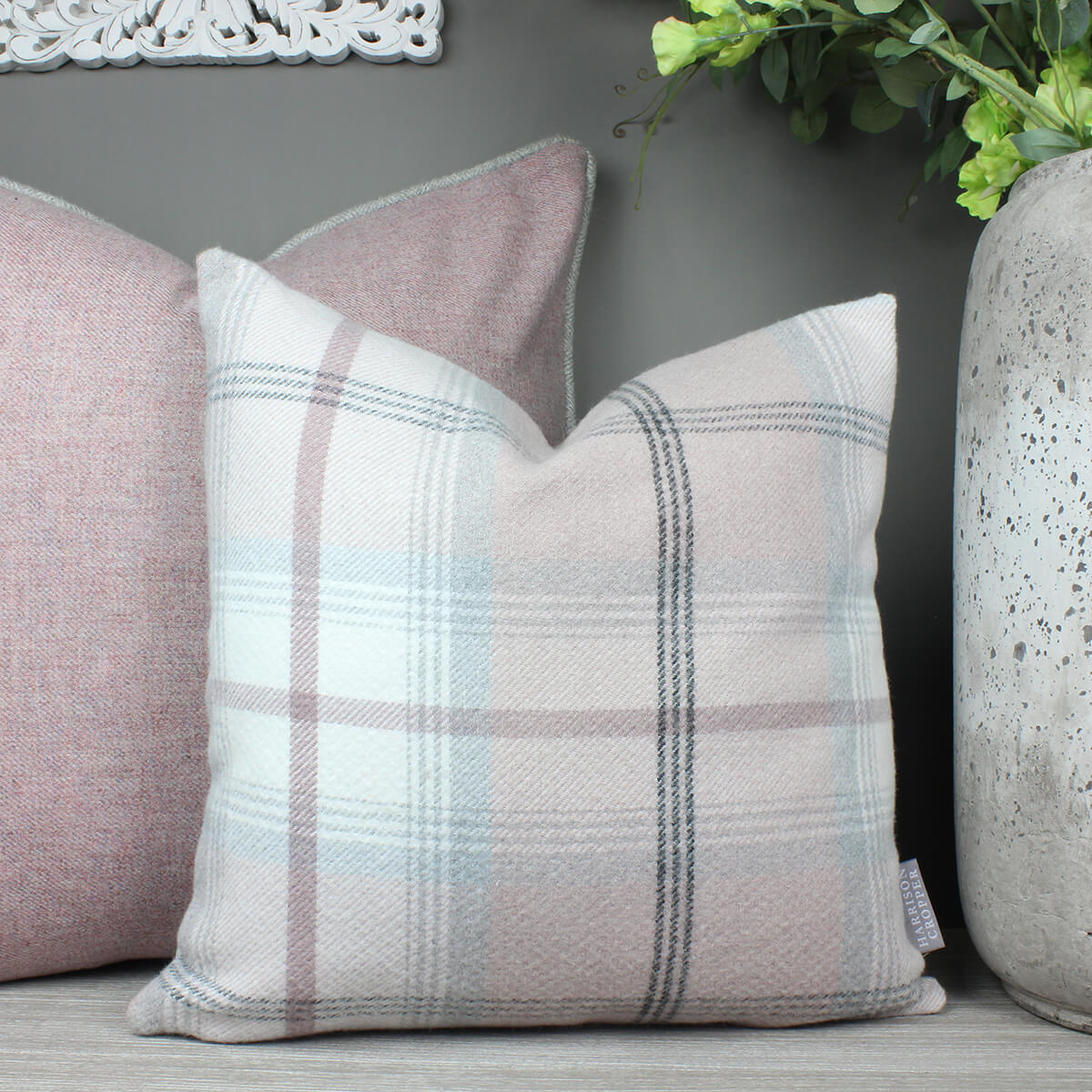 Blush Pink & Grey Balmoral Checked Cushion