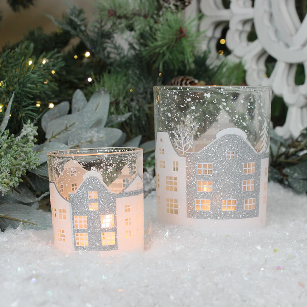 Medium Clear Glass Nite Lite Pot with Silver & White Houses