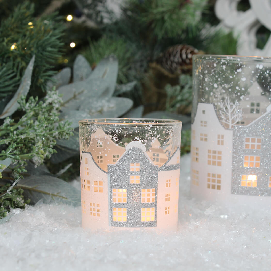 Clear Glass Nite Lite Pot with Silver & White Houses