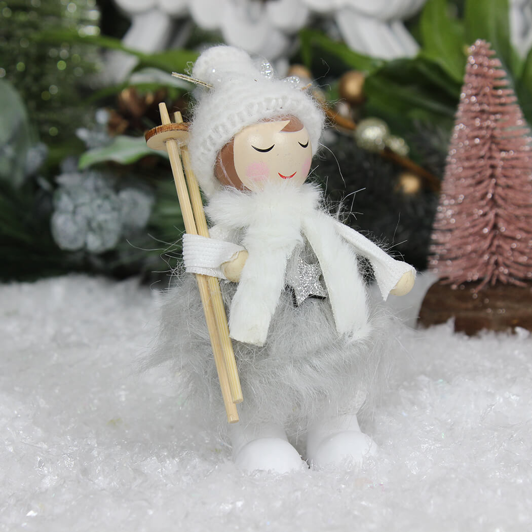 Standing Wooden Girl With Skis Ornament
