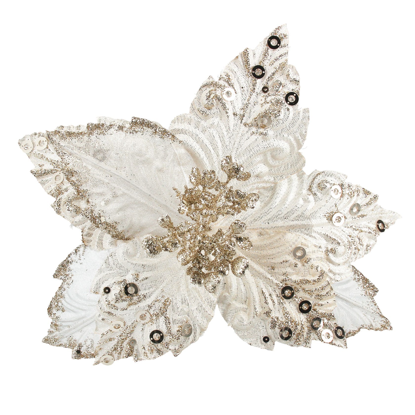 Cream and Gold Sequin Poinsettia Pick