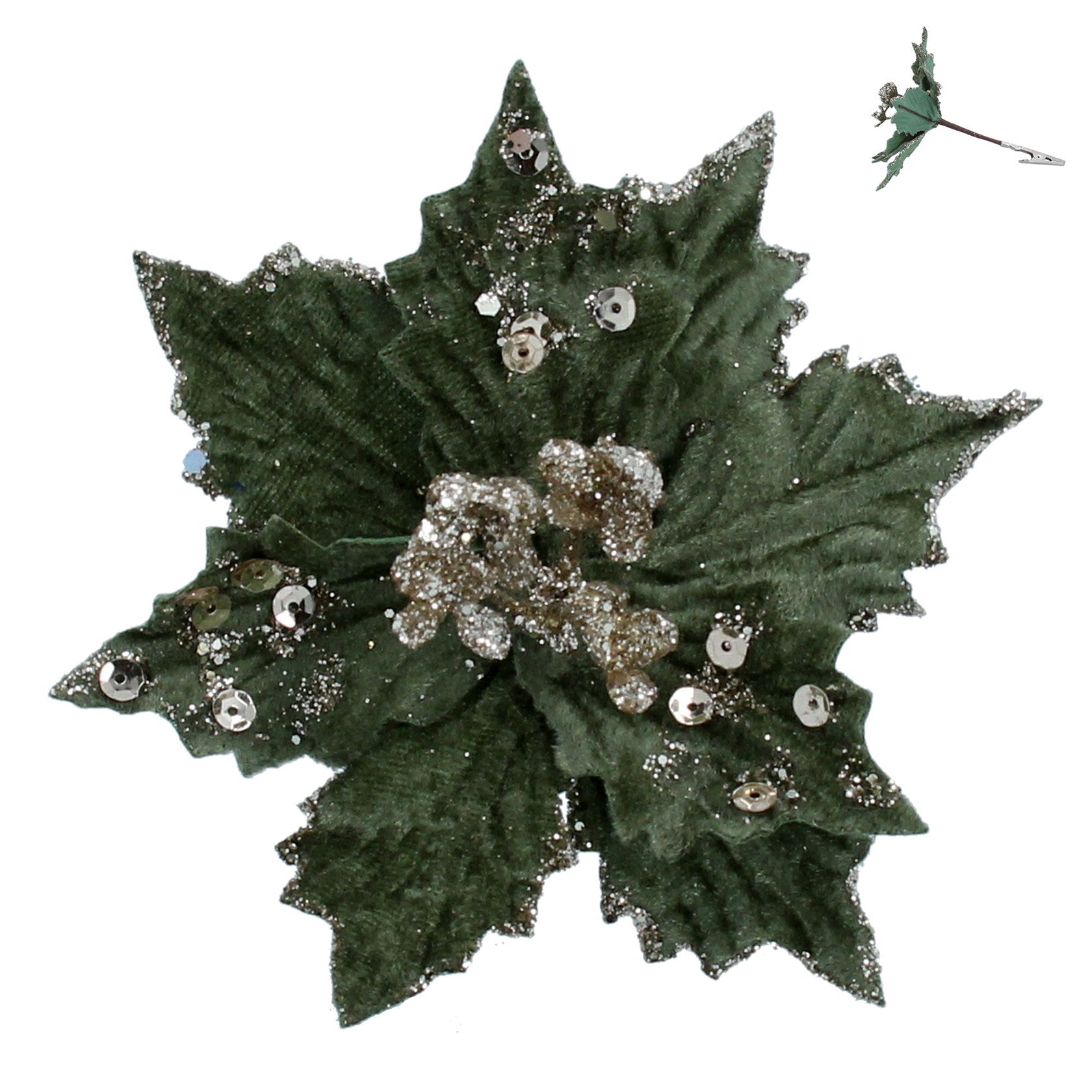 Green Fabric Poinsettia Clip With Gold Glitter