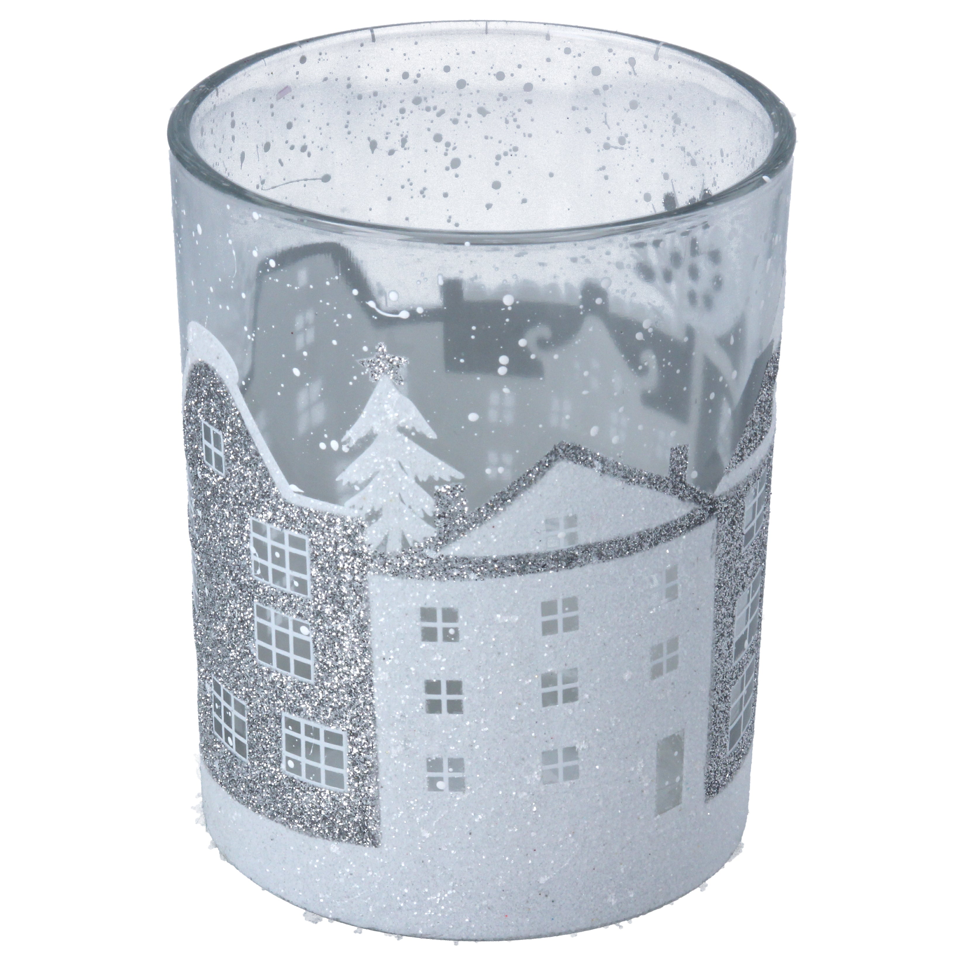 Medium Clear Glass Nite Lite Pot with Silver & White Houses