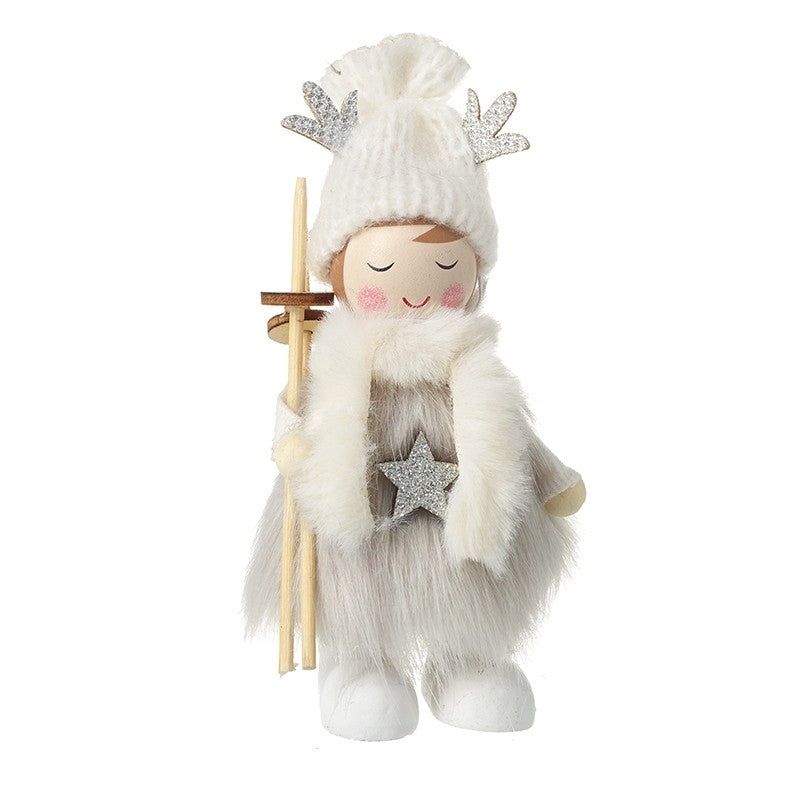 Standing Wooden Girl With Skis Ornament