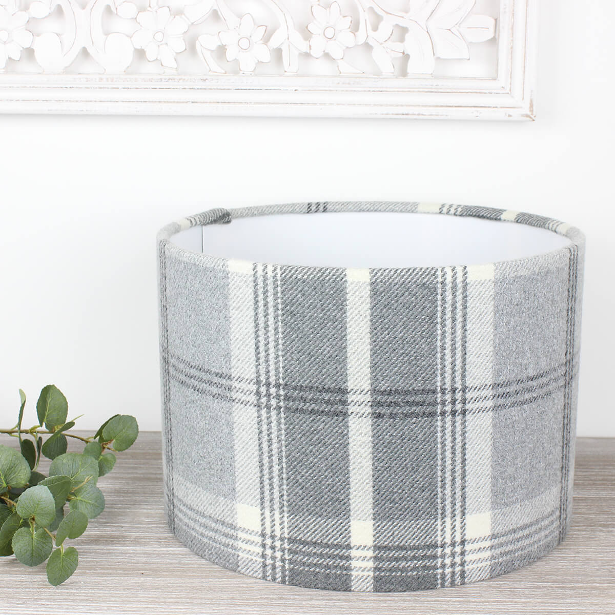 Dove Grey Balmoral Check Drum Lampshade