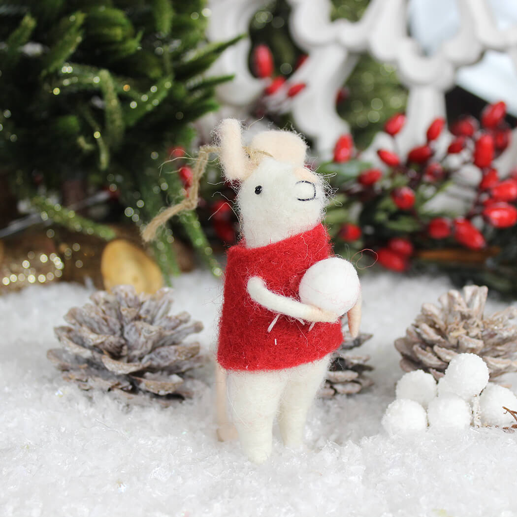 White Christmas Mouse Snowball Hanging Decoration