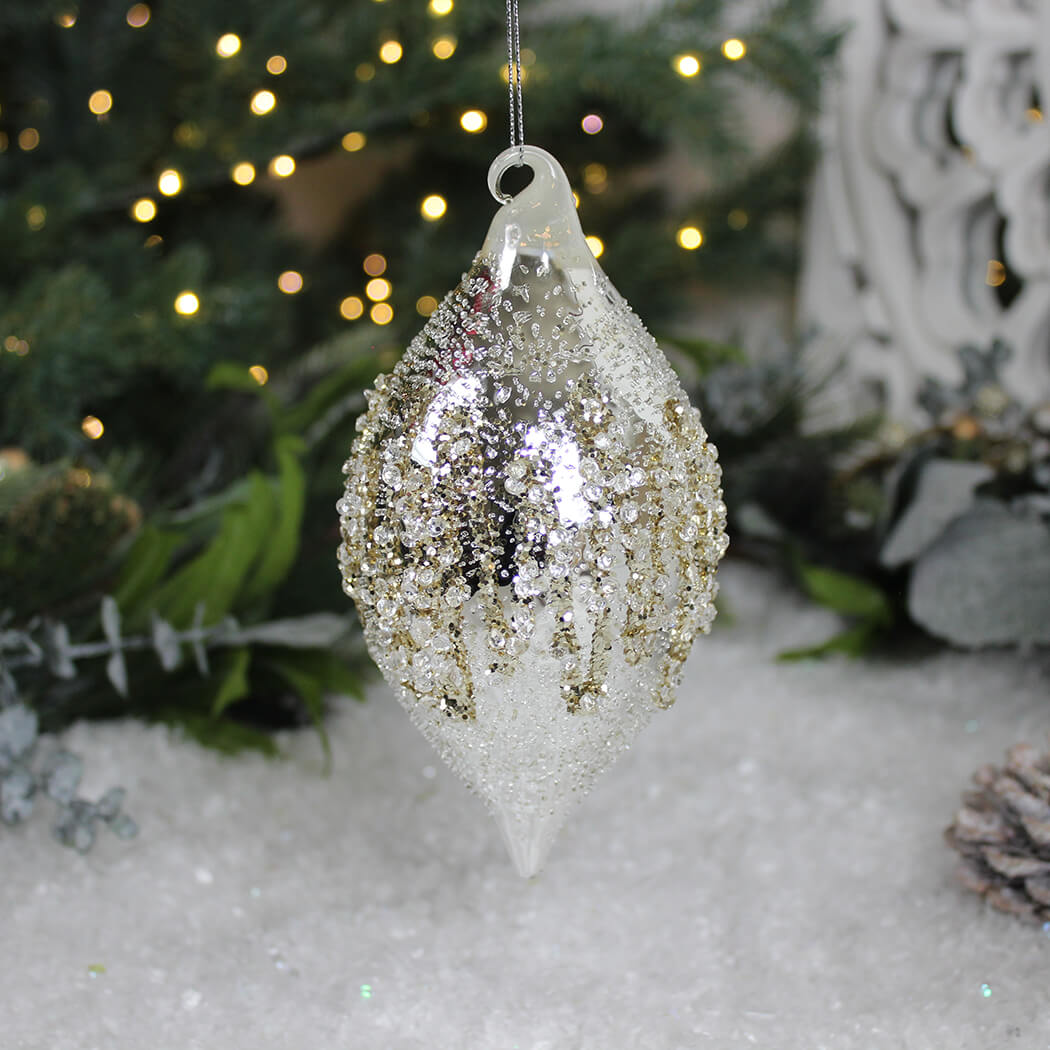 Large Silver Beaded Teardrop Bauble