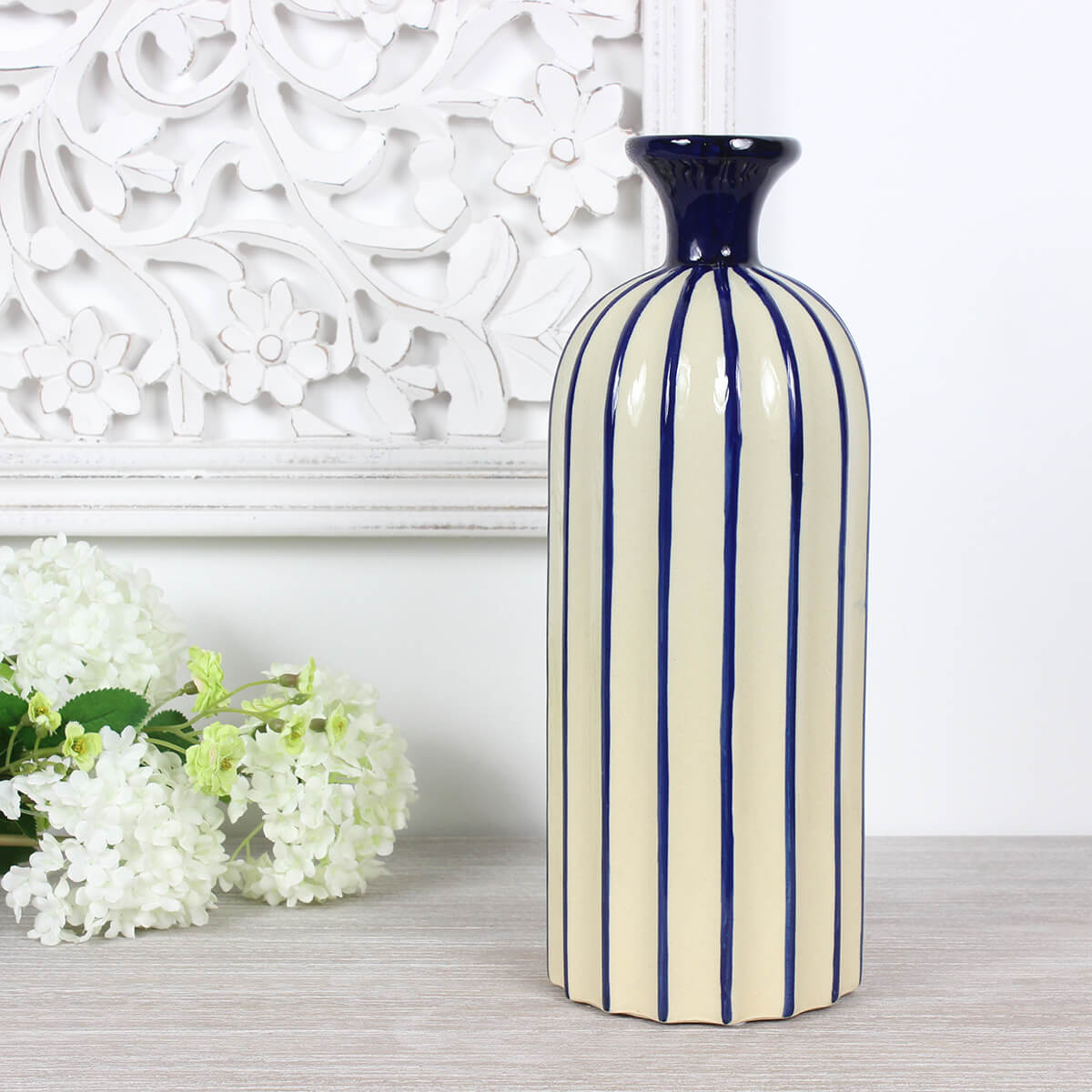 Medium Blue and Cream Striped Bottle Vase
