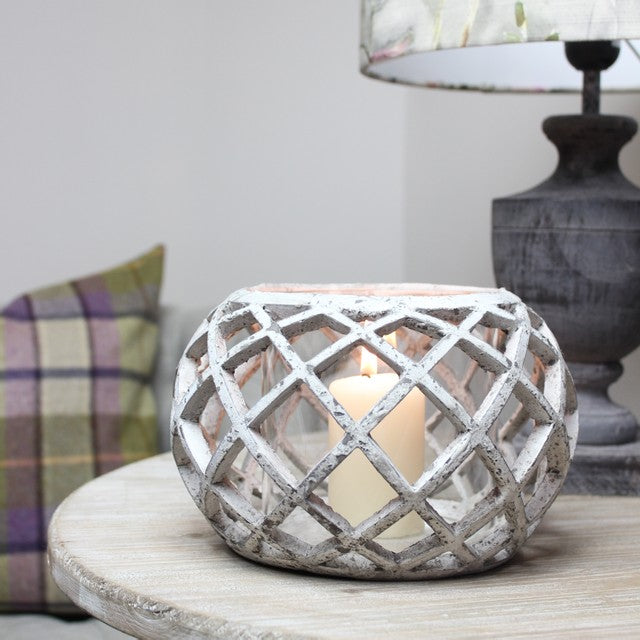 Large Round Ceramic Lattice Hurricane Lantern