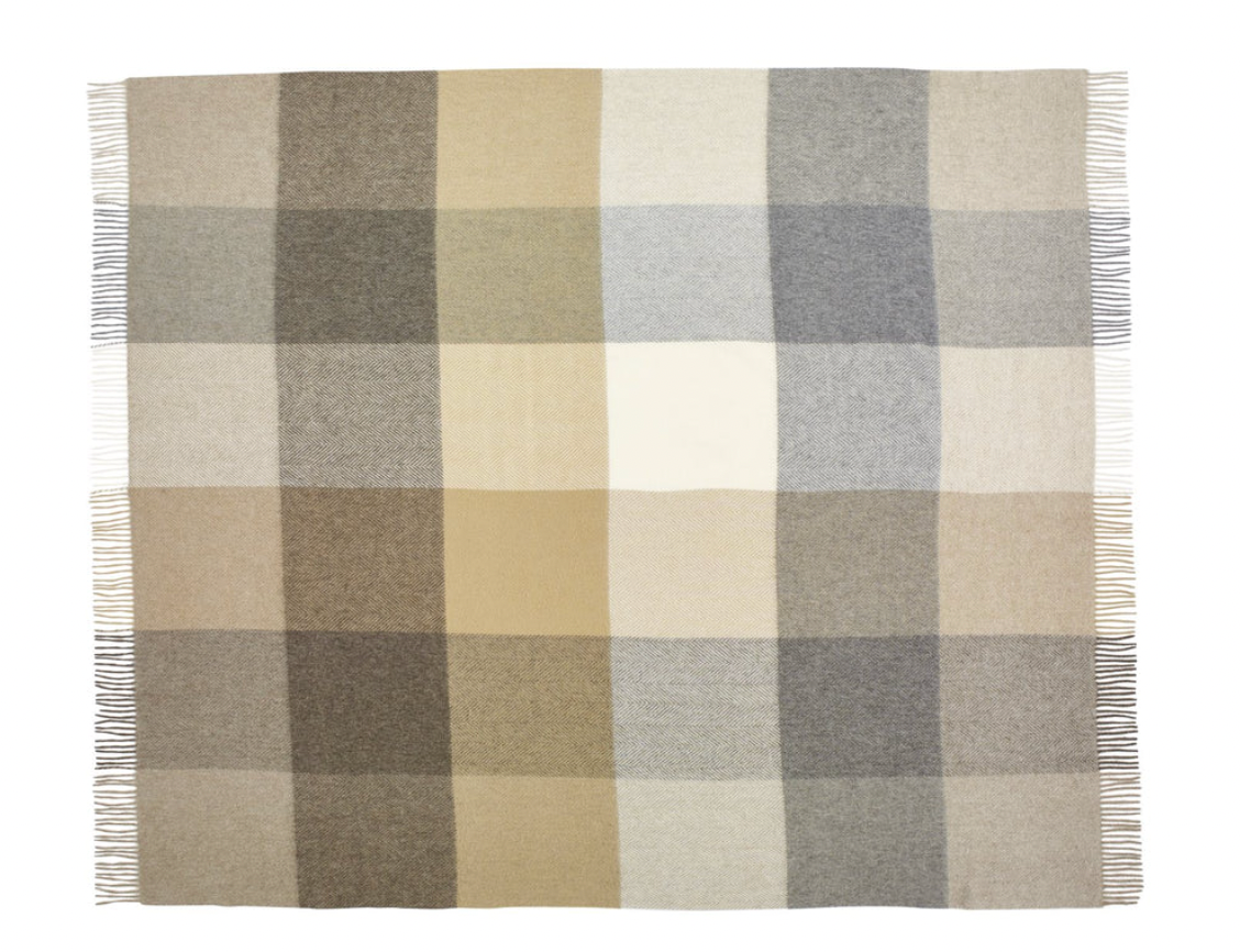 Bronte by Moon Block Check Harlequin Natural Grey Merino Lambswool Throw